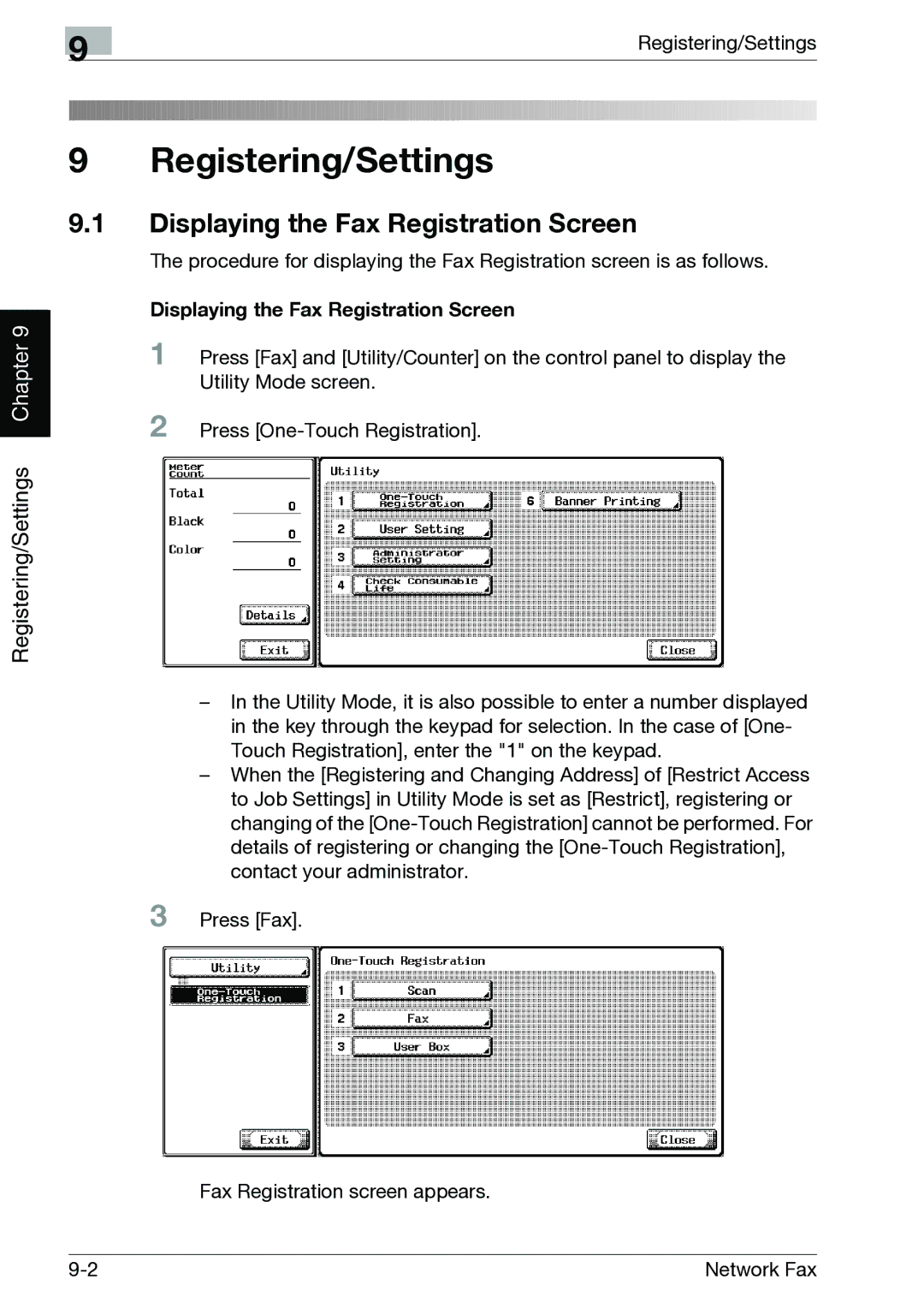 Minolta C352, C300 manual Displaying the Fax Registration Screen 