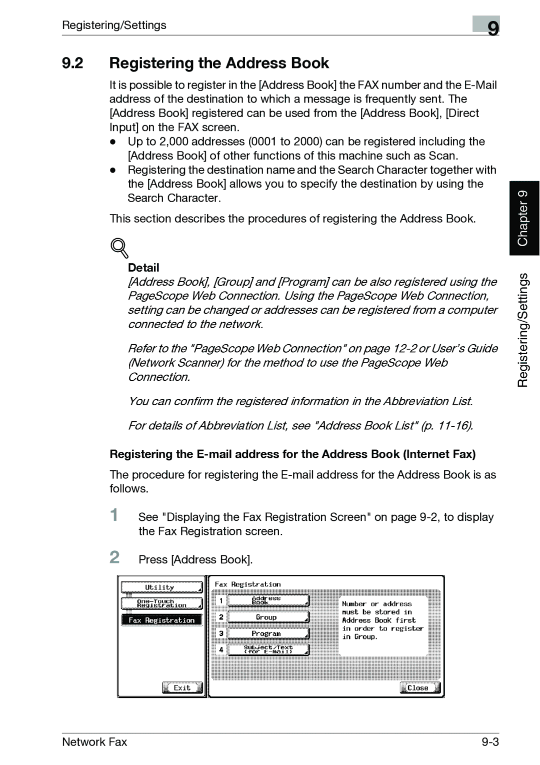 Minolta C300, C352 manual Registering the Address Book, Detail 