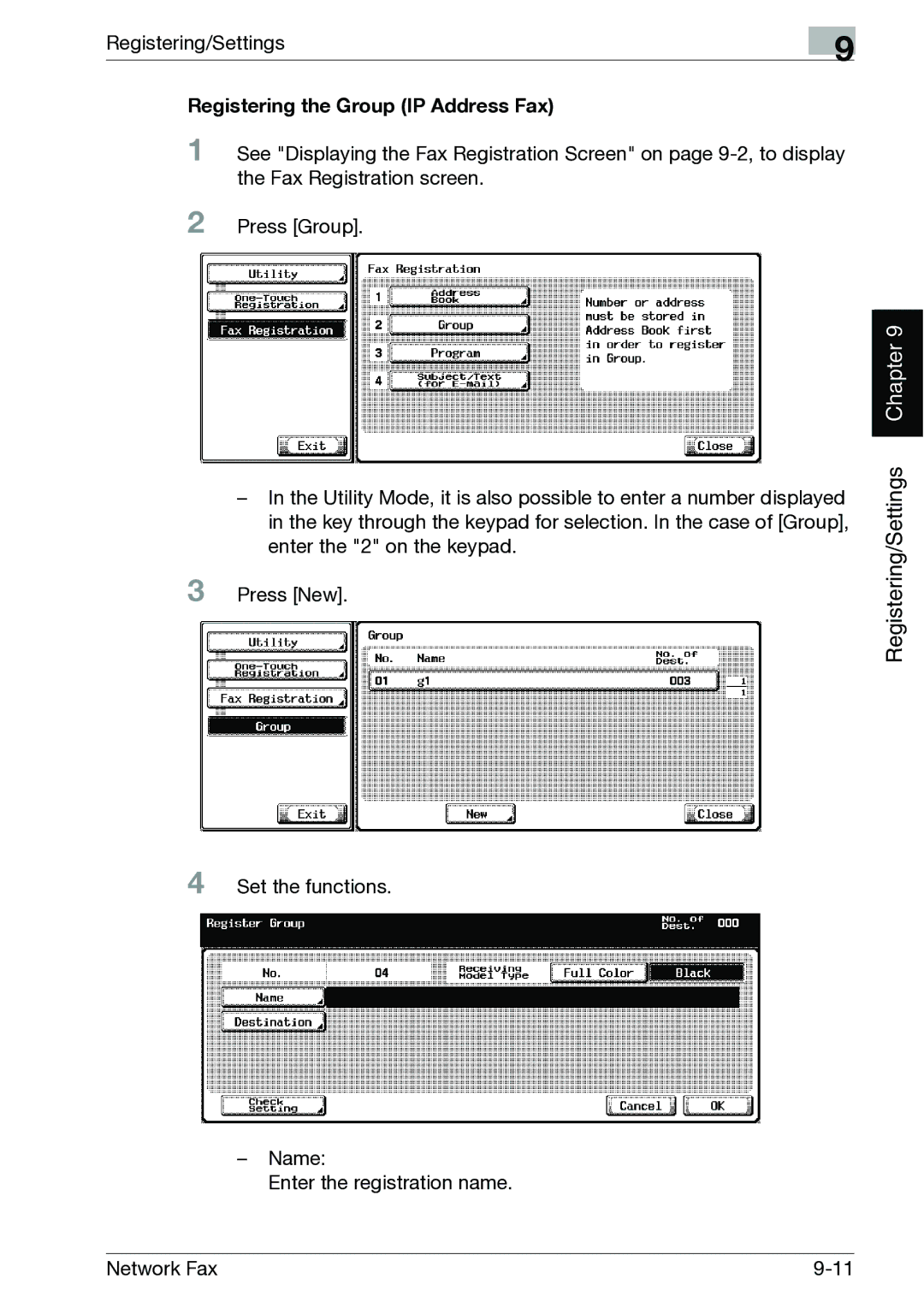 Minolta C300, C352 manual Registering the Group IP Address Fax 