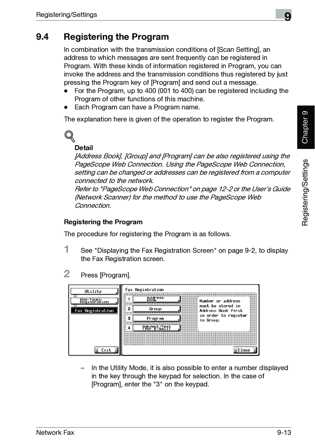 Minolta C300, C352 manual Registering the Program, Detail 