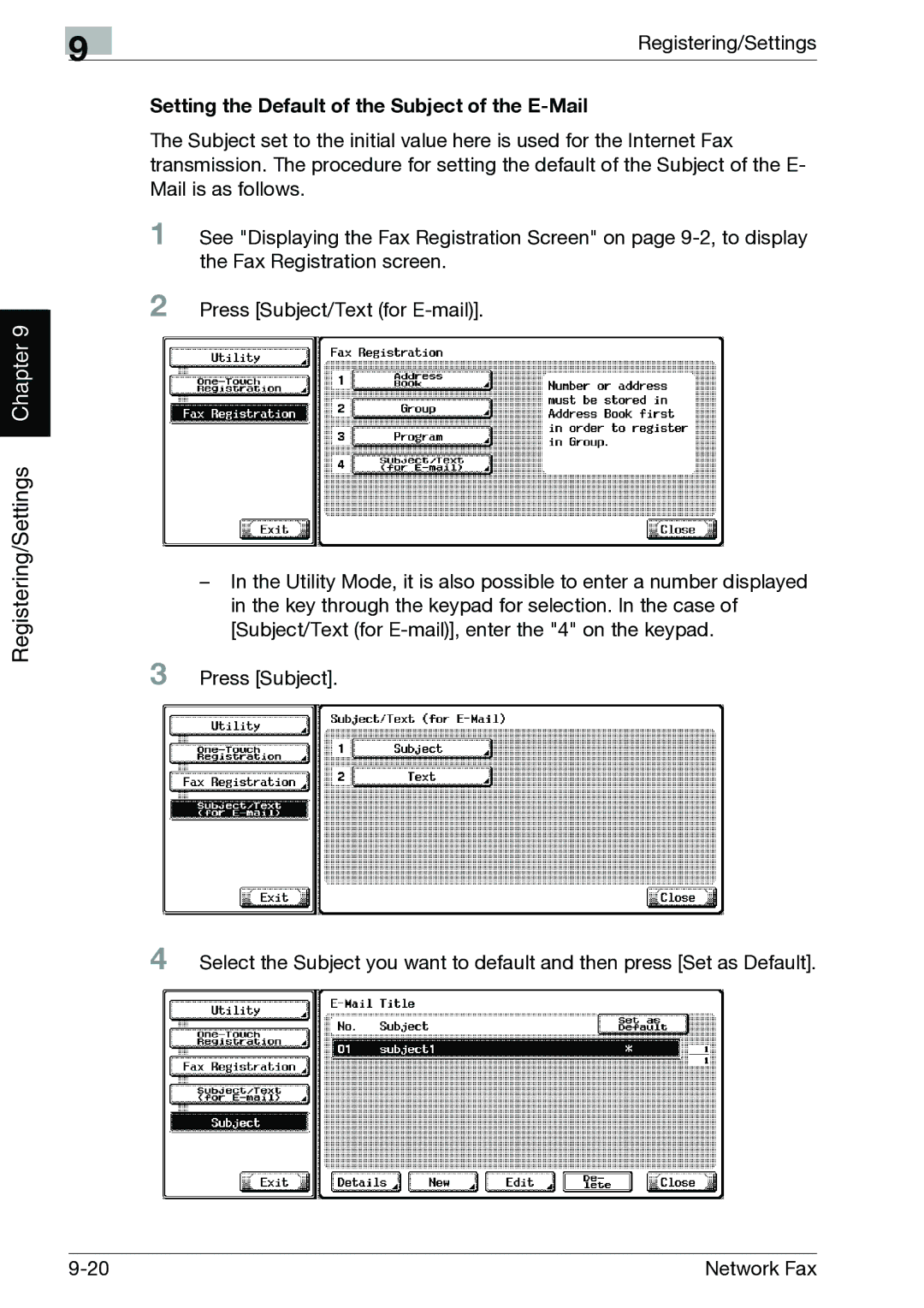 Minolta C352, C300 manual Setting the Default of the Subject of the E-Mail 