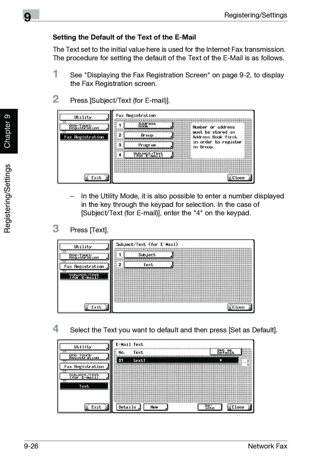 Minolta C352, C300 manual Setting the Default of the Text of the E-Mail 