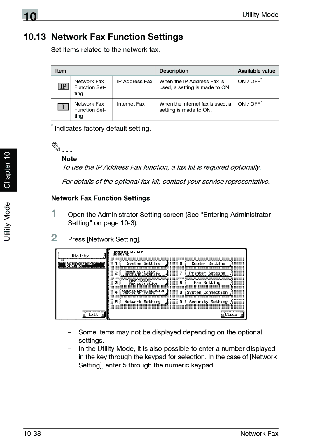 Minolta C352, C300 manual Network Fax Function Settings, Set items related to the network fax 