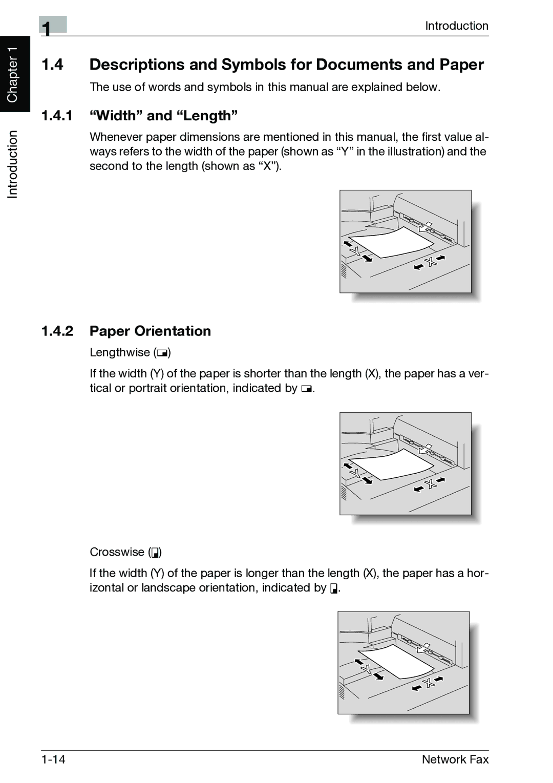 Minolta C352, C300 manual Descriptions and Symbols for Documents and Paper, Width and Length, Paper Orientation 