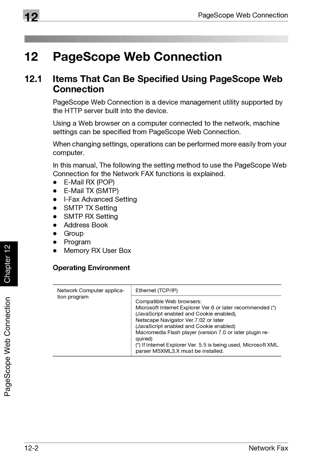 Minolta C352, C300 manual Items That Can Be Specified Using PageScope Web Connection, Operating Environment 