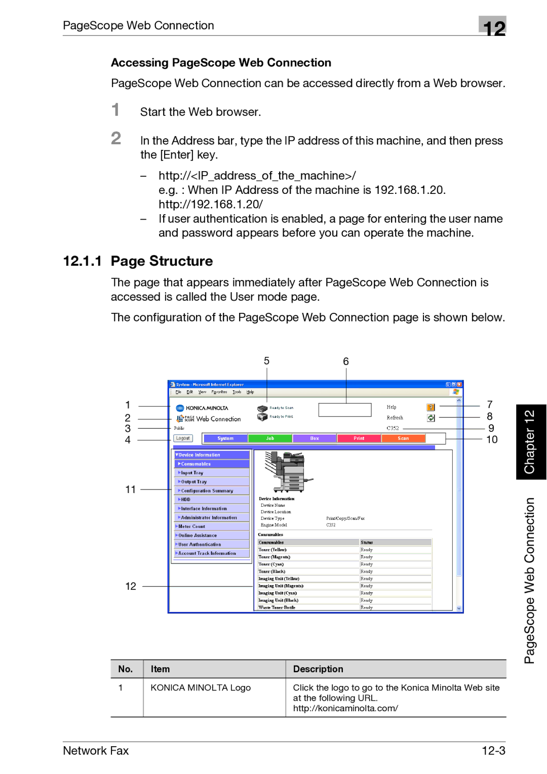 Minolta C300, C352 manual Structure, Accessing PageScope Web Connection 