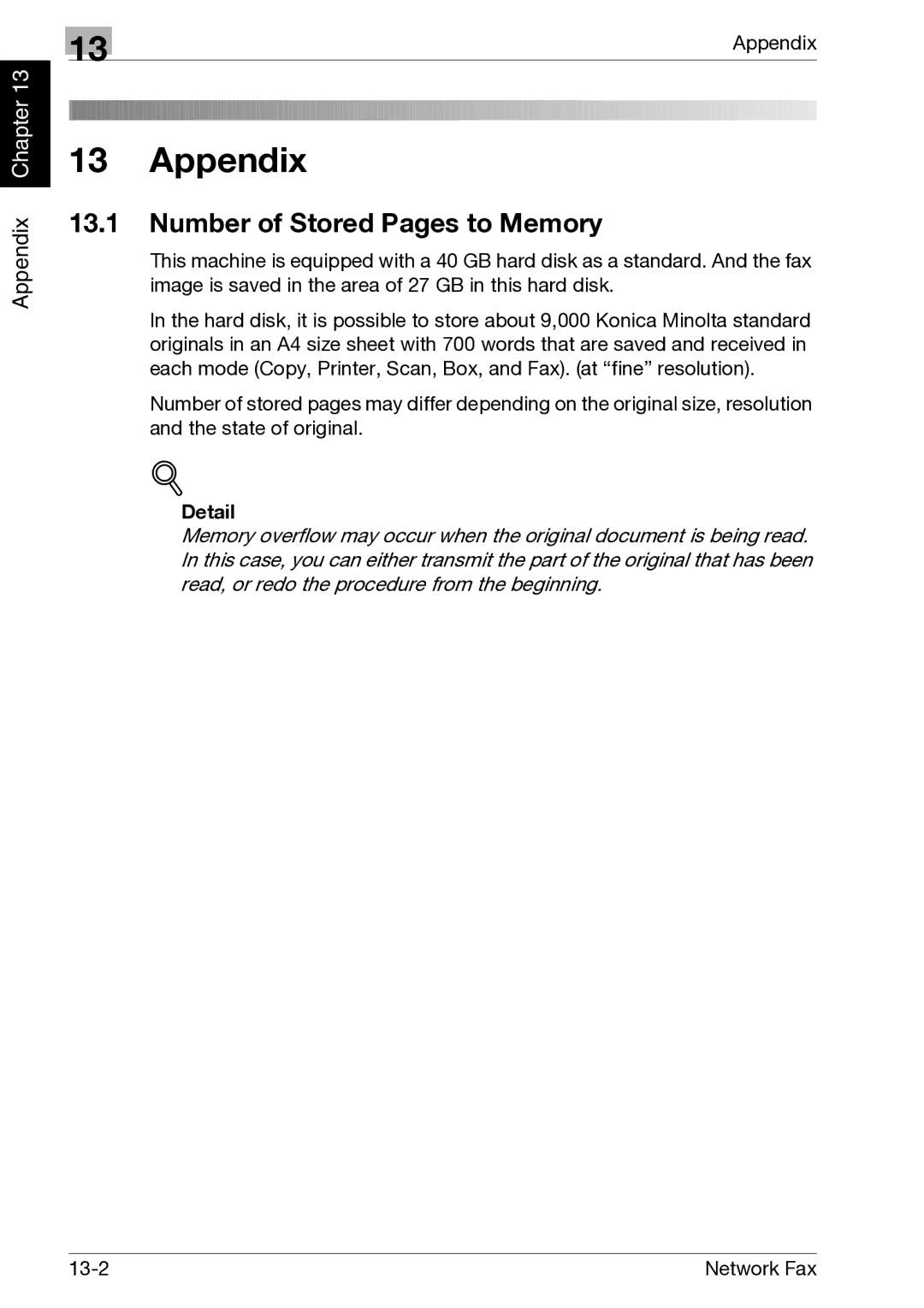 Minolta C352, C300 manual Number of Stored Pages to Memory, Detail 