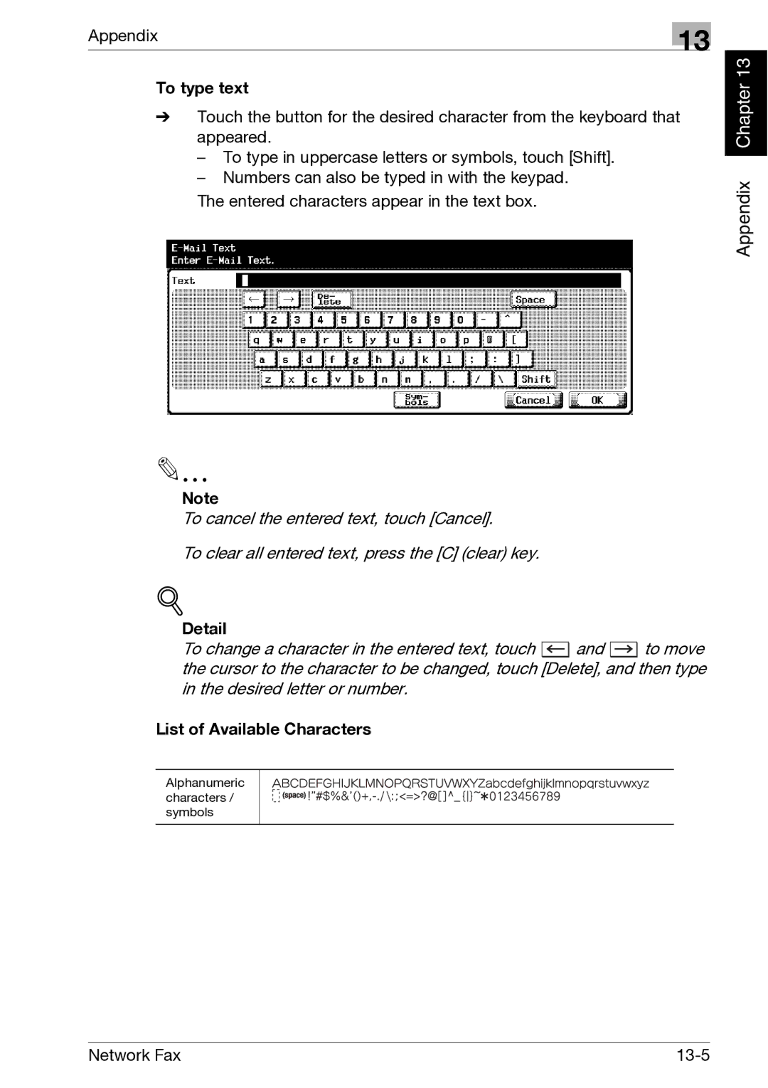 Minolta C300, C352 manual To type text, List of Available Characters 