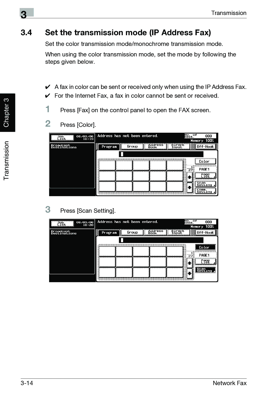 Minolta C352, C300 manual Set the transmission mode IP Address Fax 