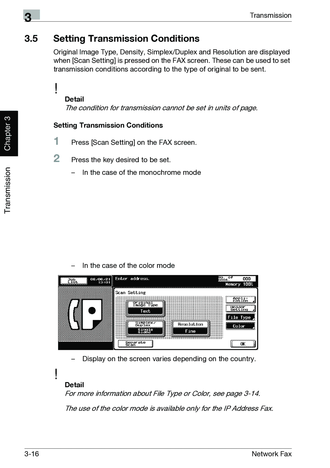 Minolta C352, C300 manual Setting Transmission Conditions, Detail 