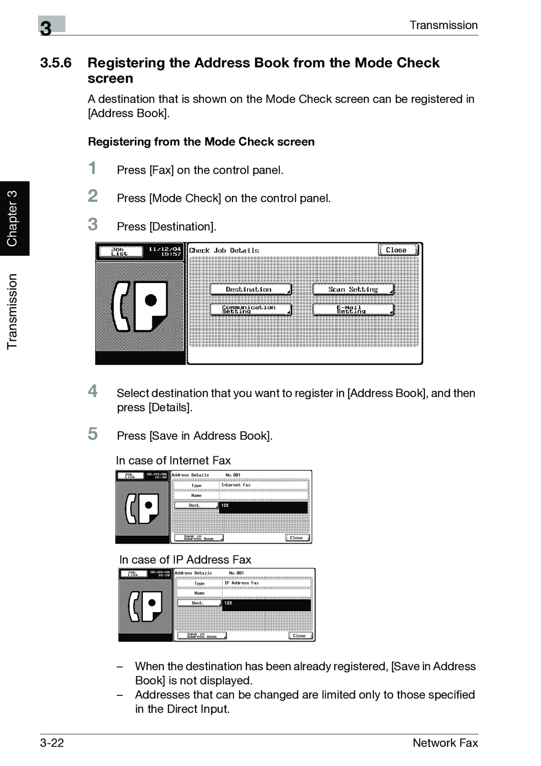 Minolta C352, C300 manual Registering the Address Book from the Mode Check screen, Registering from the Mode Check screen 