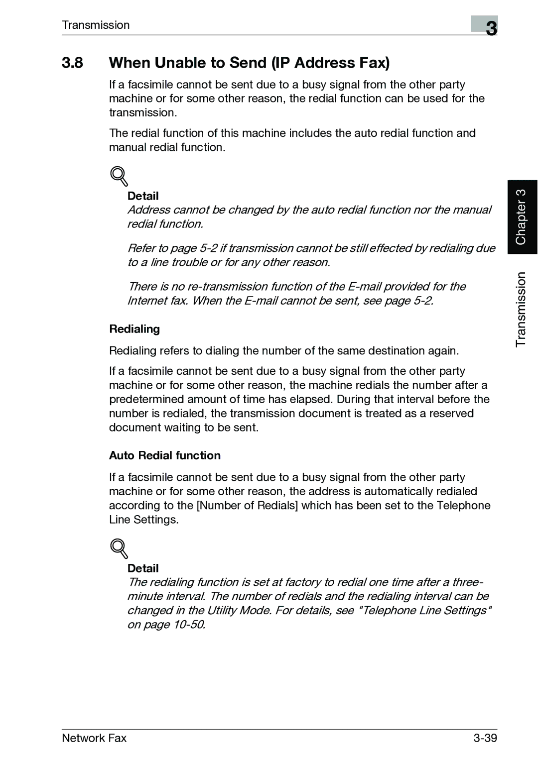 Minolta C300, C352 manual When Unable to Send IP Address Fax, Redialing, Auto Redial function 