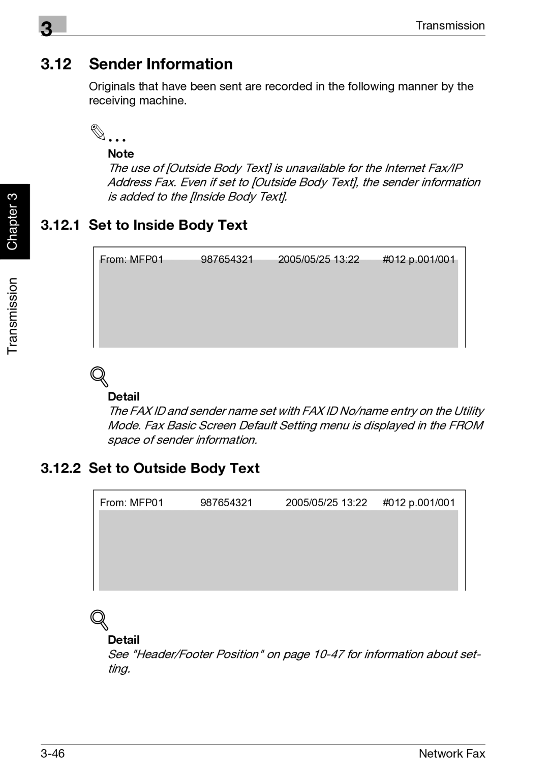 Minolta C352, C300 manual Sender Information, Set to Inside Body Text, Set to Outside Body Text 