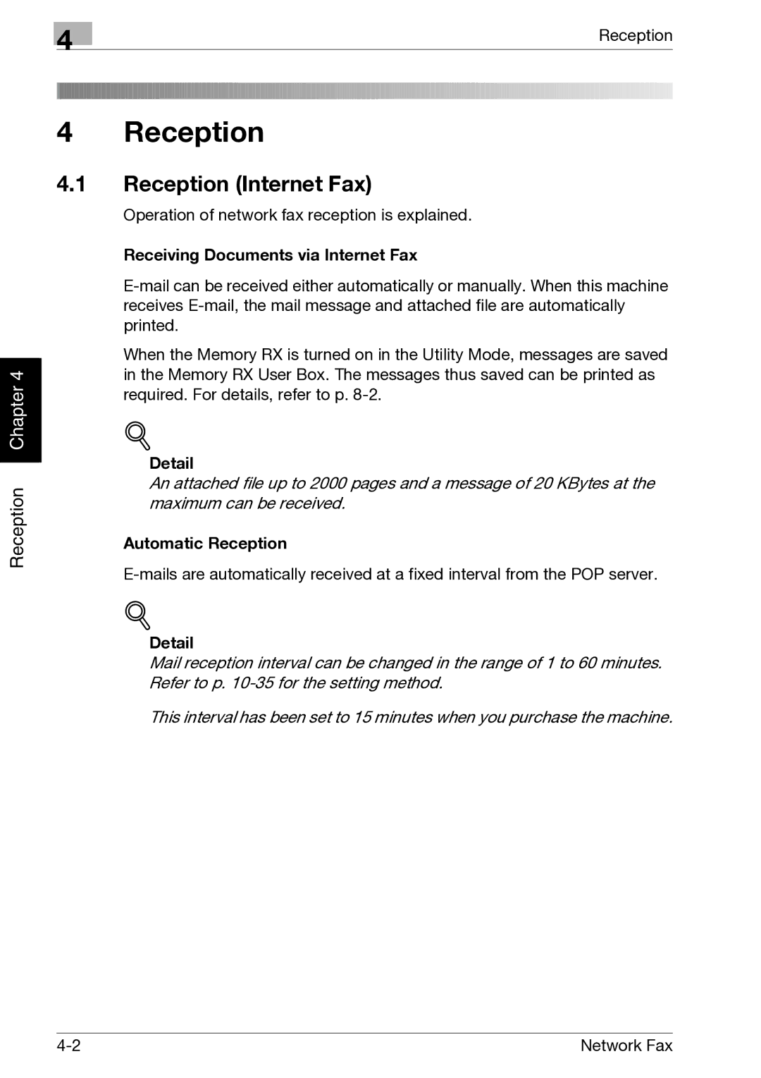 Minolta C352, C300 manual Reception Internet Fax, Receiving Documents via Internet Fax, Automatic Reception 