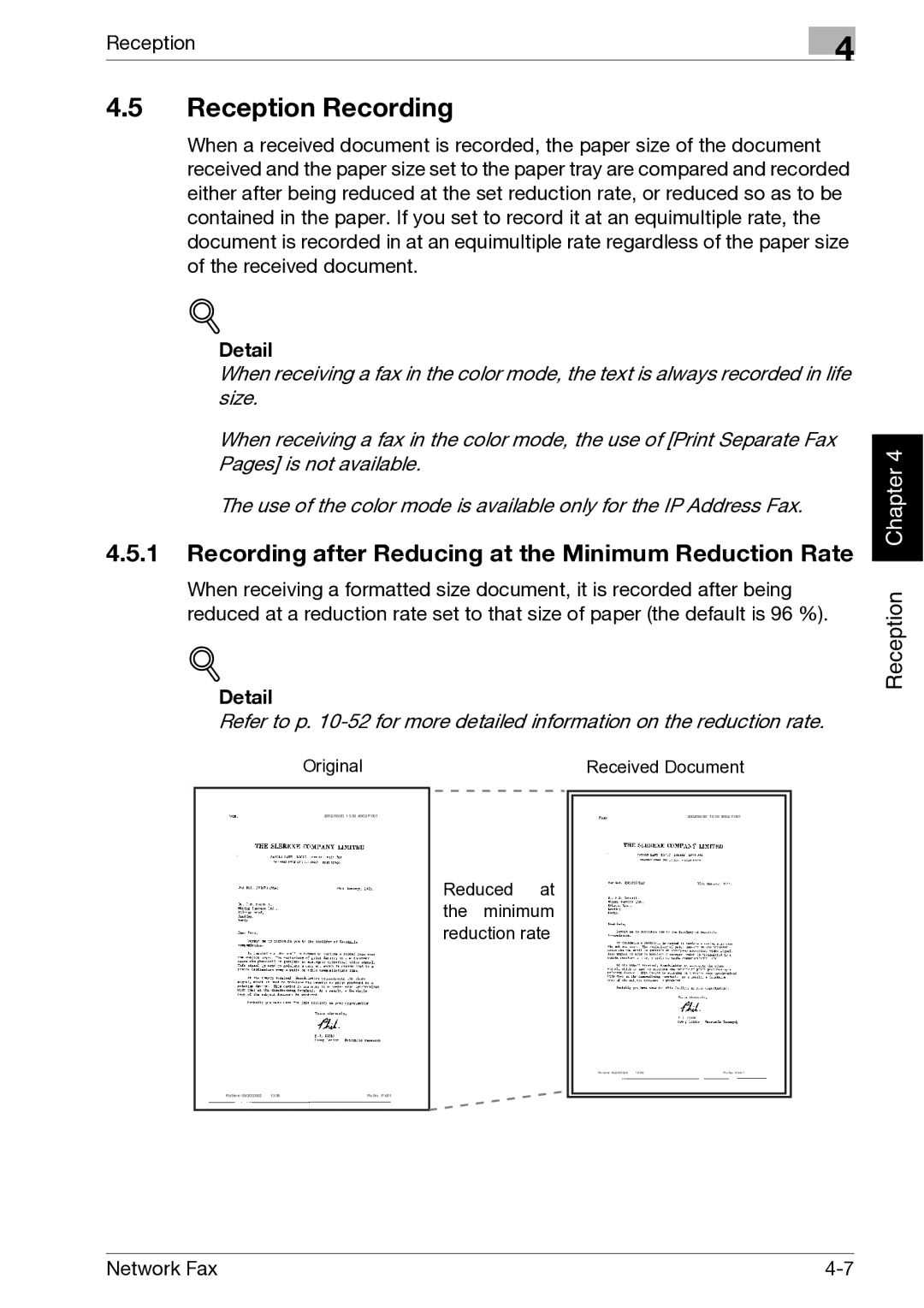 Minolta C300, C352 manual Reception Recording, Recording after Reducing at the Minimum Reduction Rate 