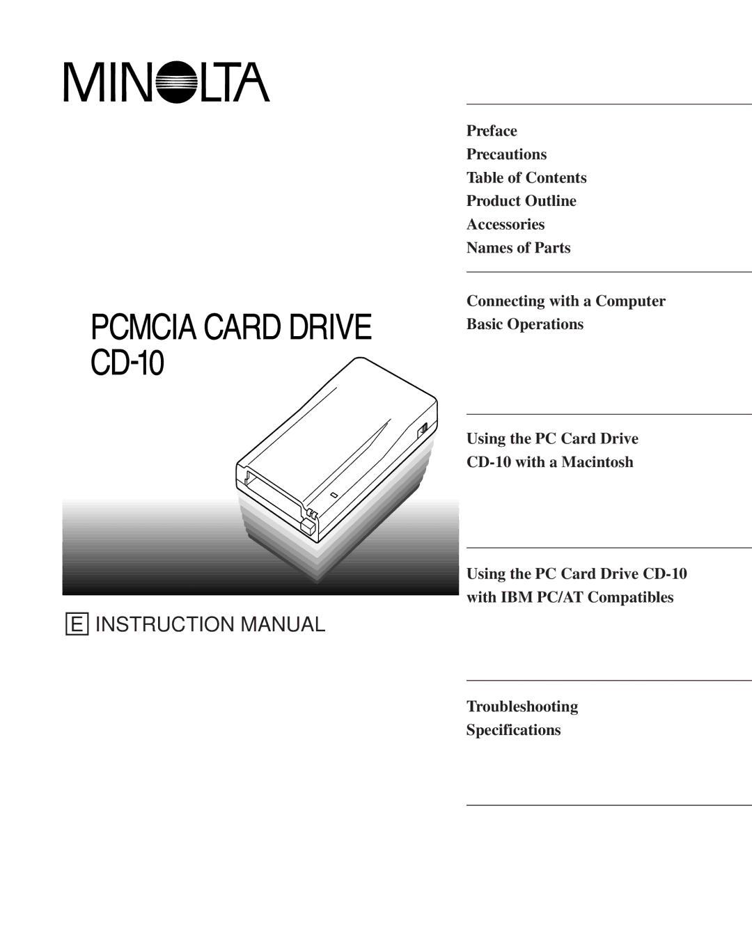 Minolta CD-10 instruction manual Troubleshooting Specifications 