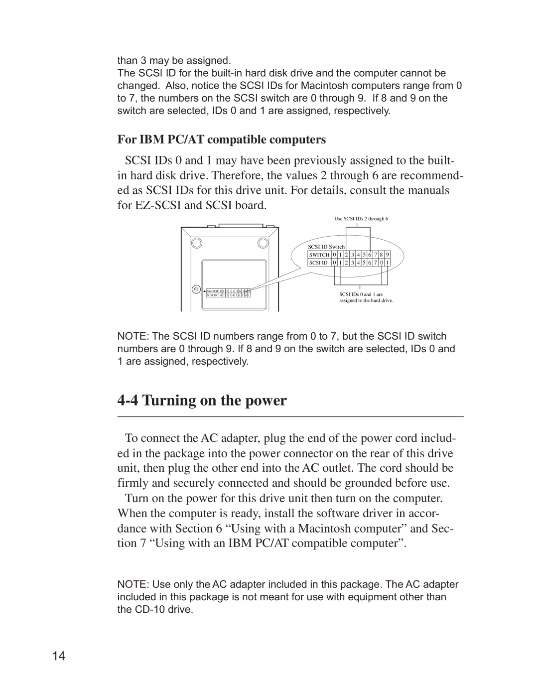 Minolta CD-10 instruction manual Turning on the power, For IBM PC/AT compatible computers 