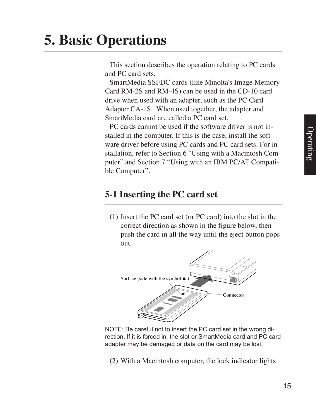 Minolta CD-10 instruction manual Basic Operations, Inserting the PC card set 