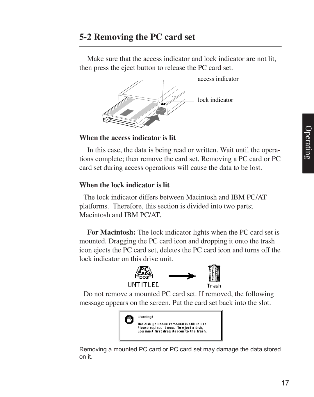 Minolta CD-10 instruction manual Removing the PC card set, When the access indicator is lit, When the lock indicator is lit 