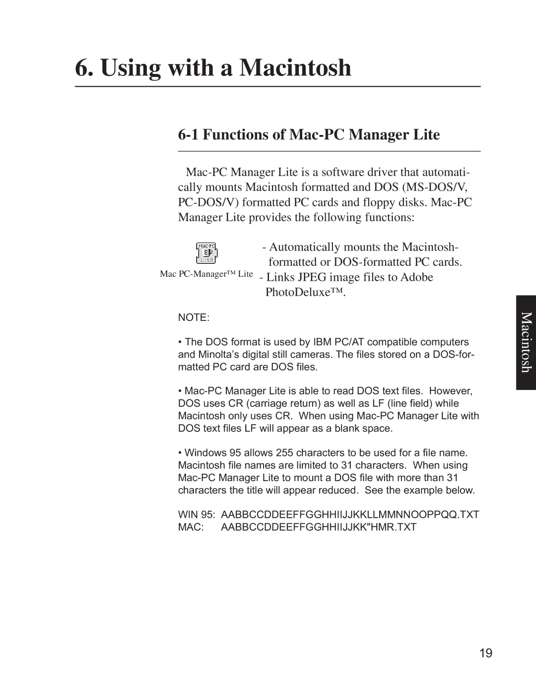 Minolta CD-10 instruction manual Using with a Macintosh, Functions of Mac-PC Manager Lite 