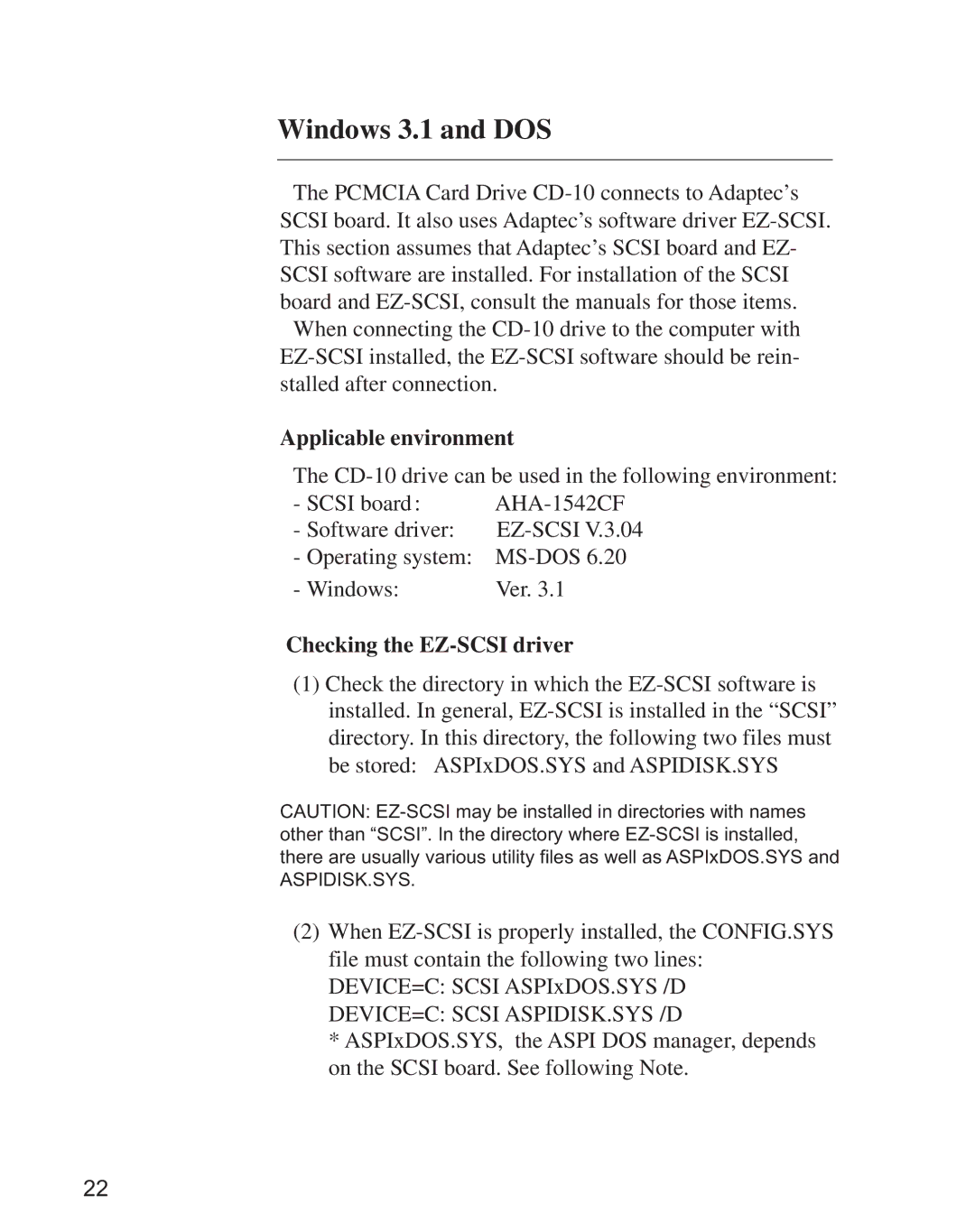 Minolta CD-10 instruction manual Windows 3.1 and DOS, Applicable environment, Checking the EZ-SCSI driver 