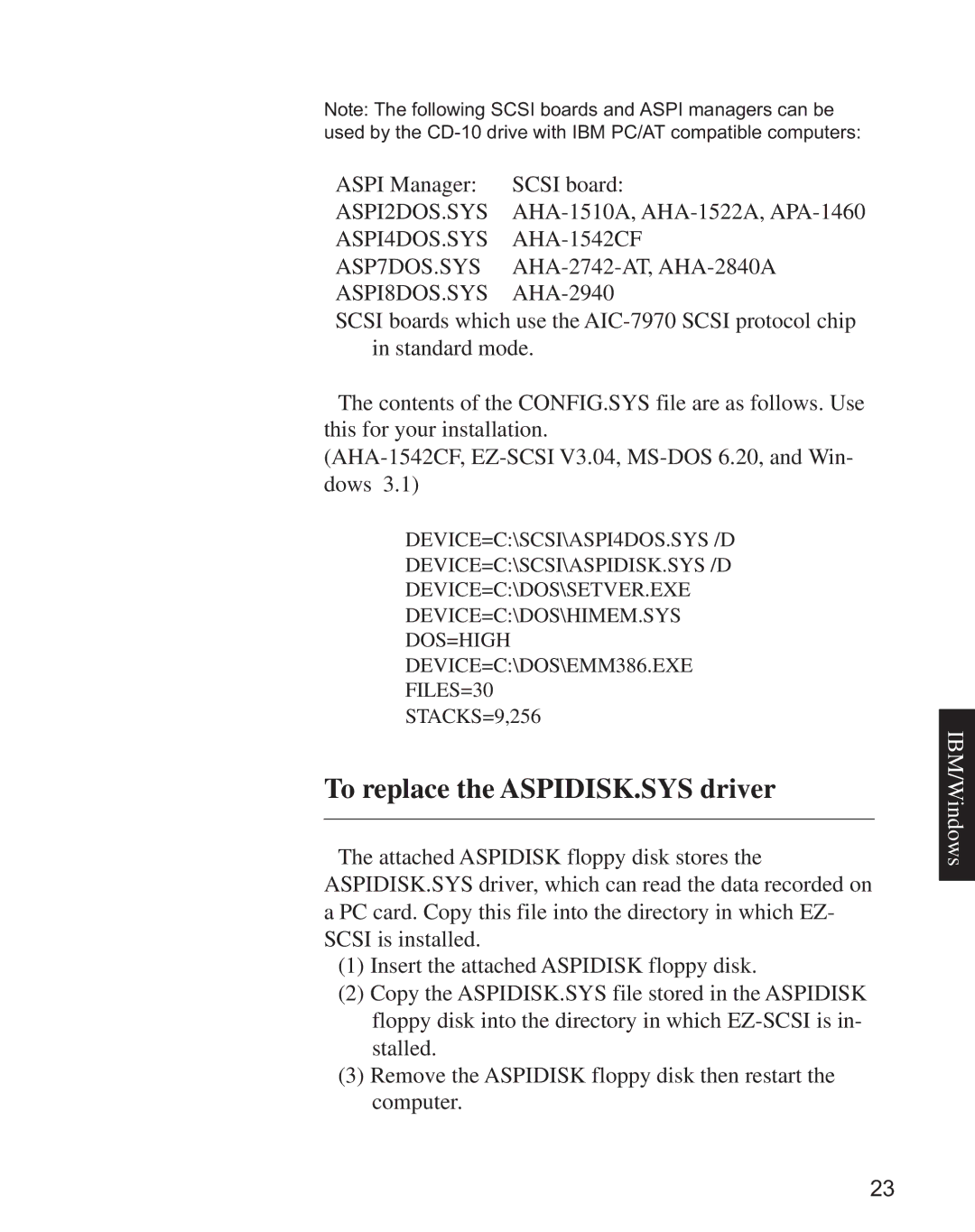 Minolta CD-10 instruction manual To replace the ASPIDISK.SYS driver, ASPI8DOS.SYS 