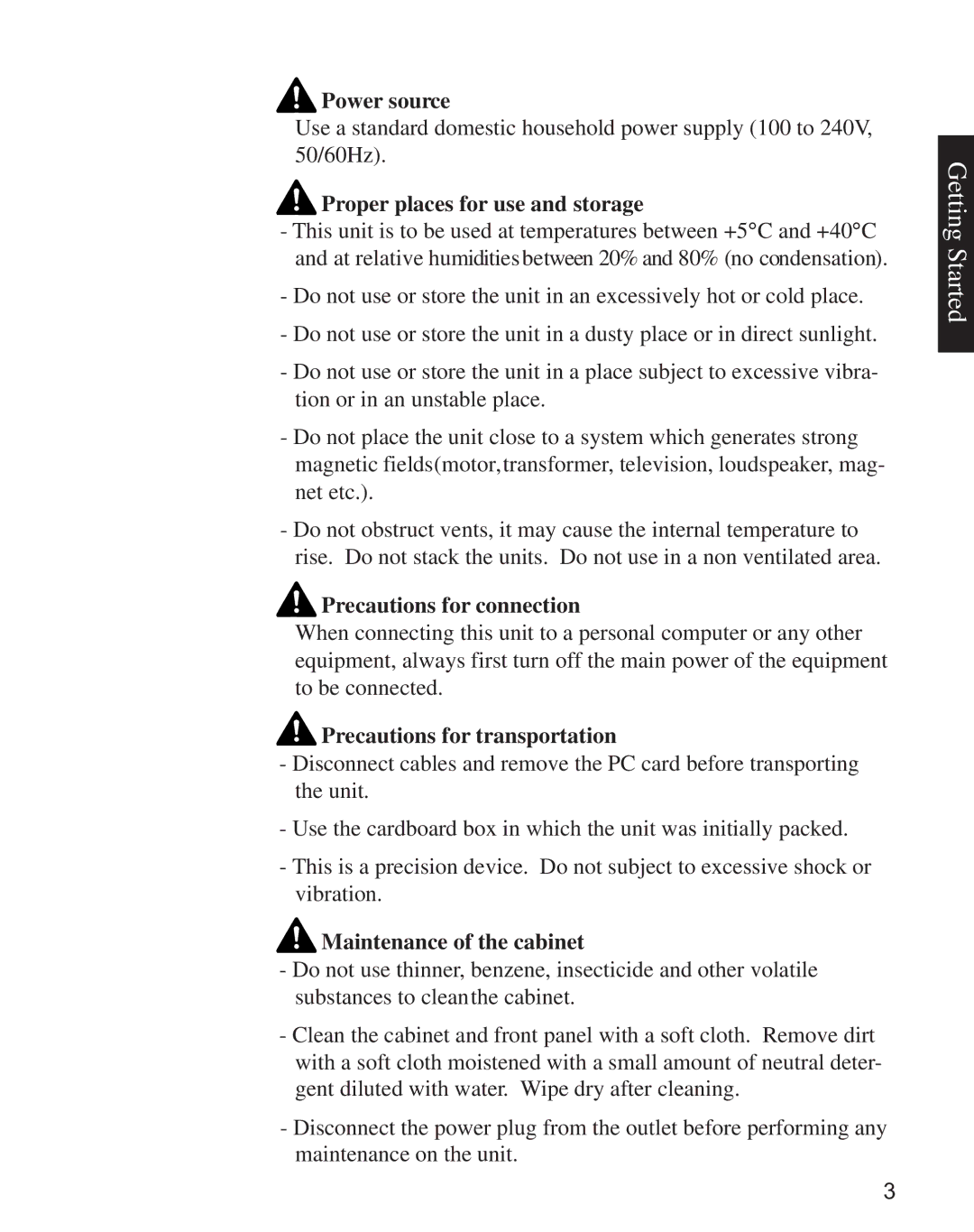 Minolta CD-10 Power source, Proper places for use and storage, Precautions for connection, Precautions for transportation 