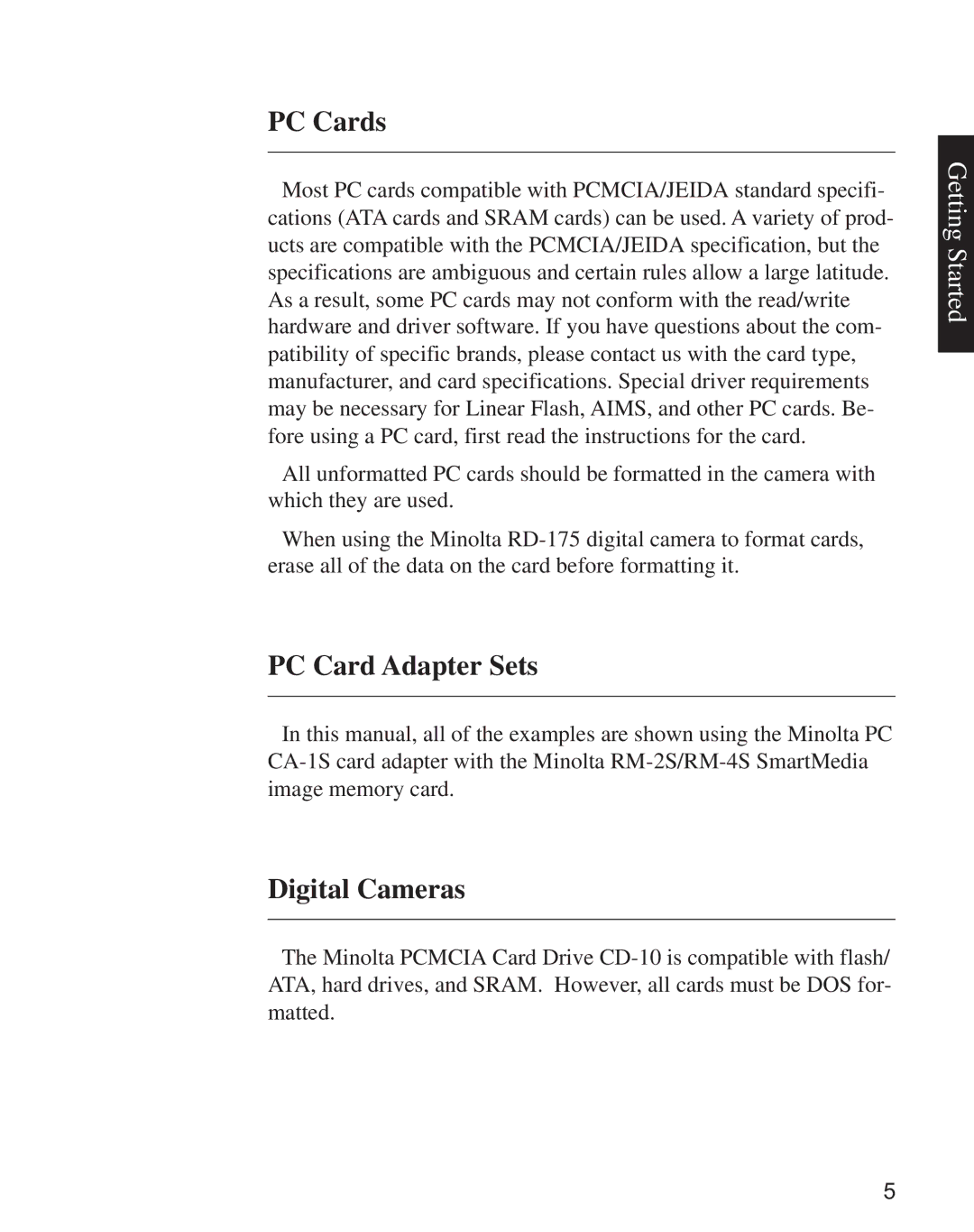 Minolta CD-10 instruction manual PC Cards, PC Card Adapter Sets, Digital Cameras 