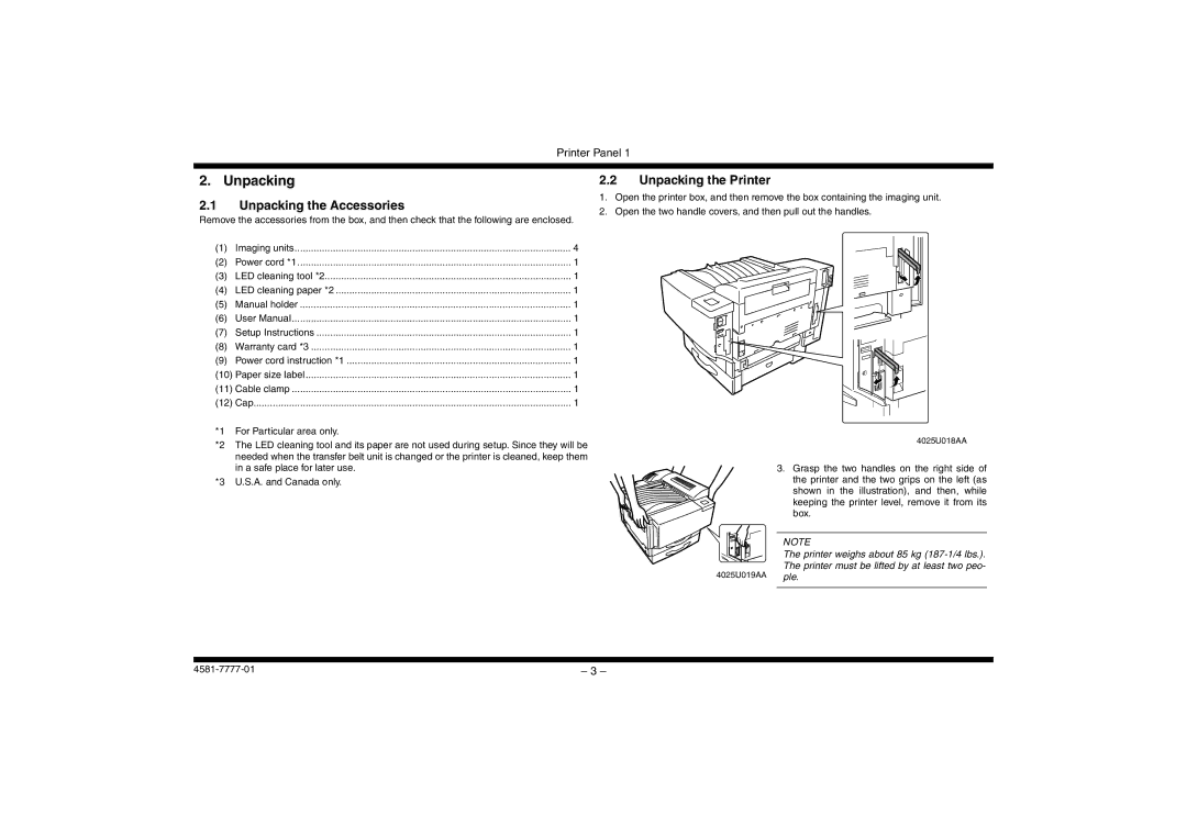 Minolta CF2002, CF3102 manual Unpacking the Accessories, Unpacking the Printer 