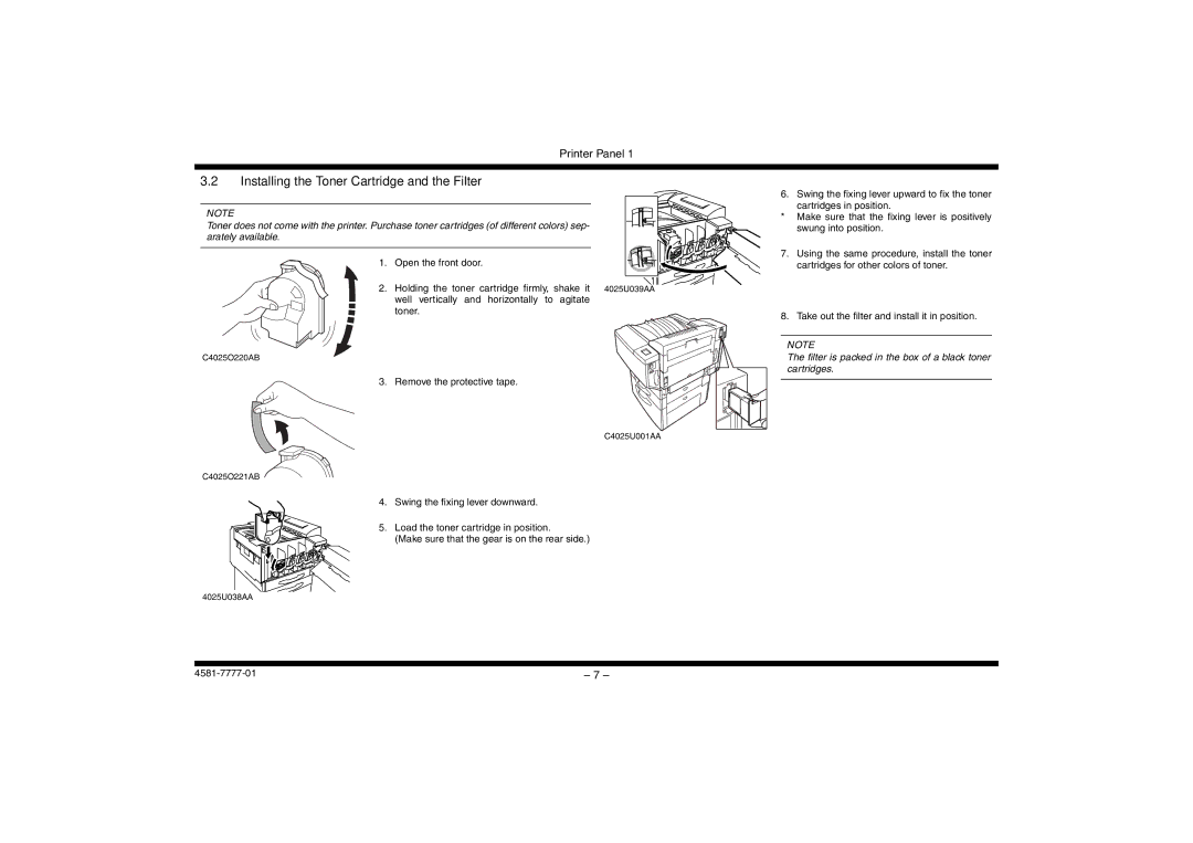 Minolta CF2002, CF3102 manual Installing the Toner Cartridge and the Filter 