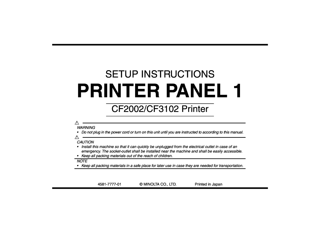 Minolta manual Printer Panel, Setup Instructions, CF2002/CF3102 Printer 