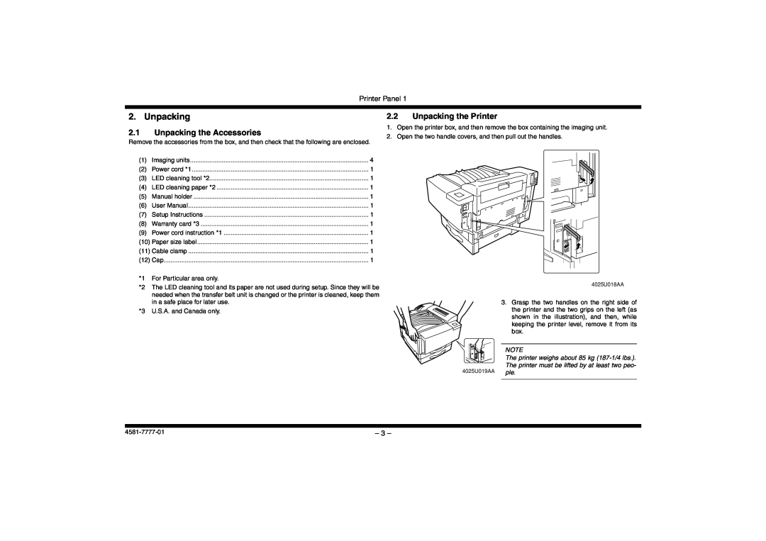 Minolta CF2002, CF3102 manual Unpacking the Accessories, Unpacking the Printer, Printer Panel 