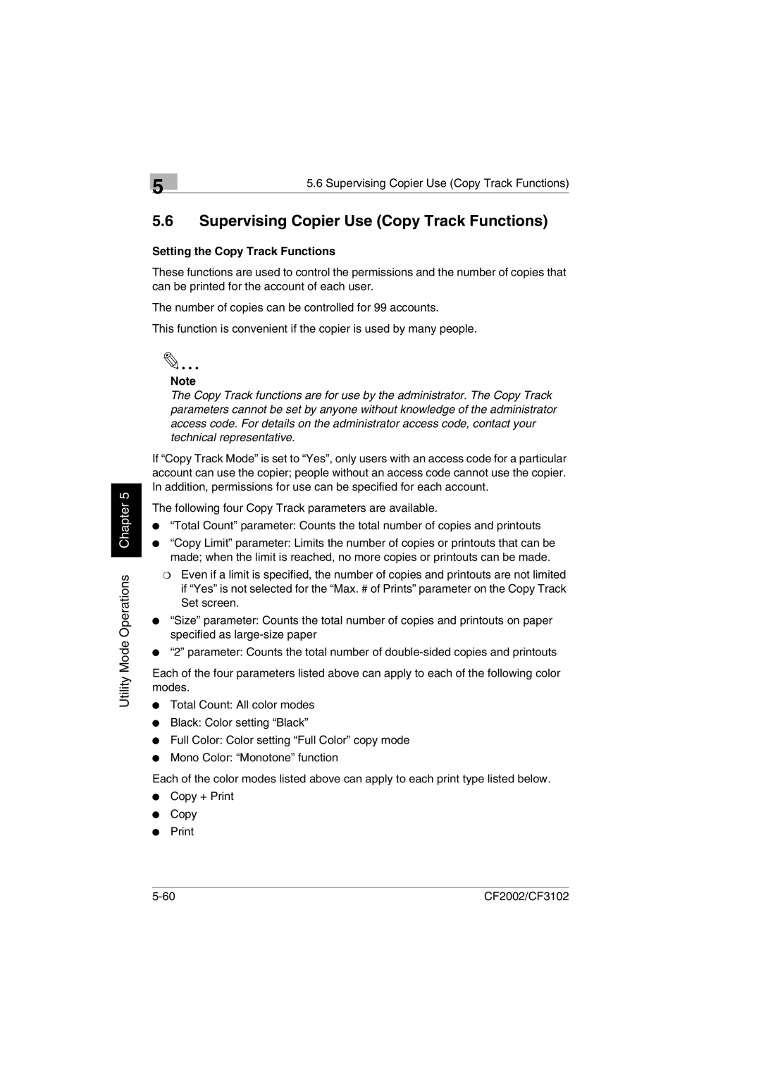 Minolta CF2002 manual Supervising Copier Use Copy Track Functions, Setting the Copy Track Functions 