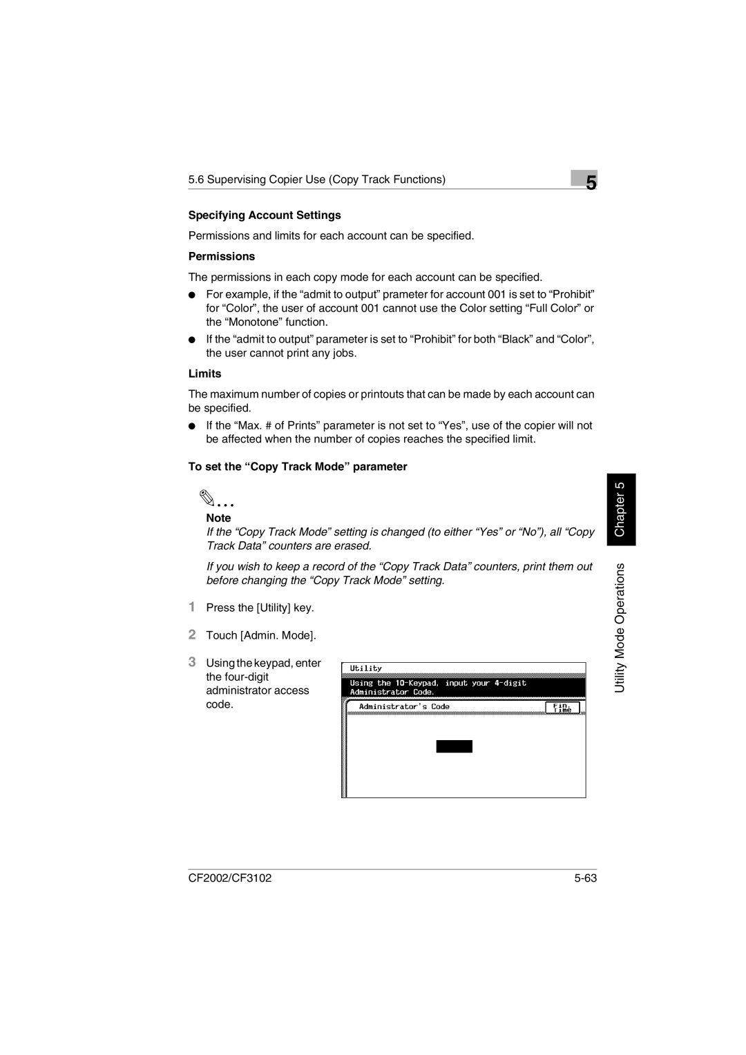 Minolta CF2002 manual Specifying Account Settings, Permissions, Limits, To set the Copy Track Mode parameter 