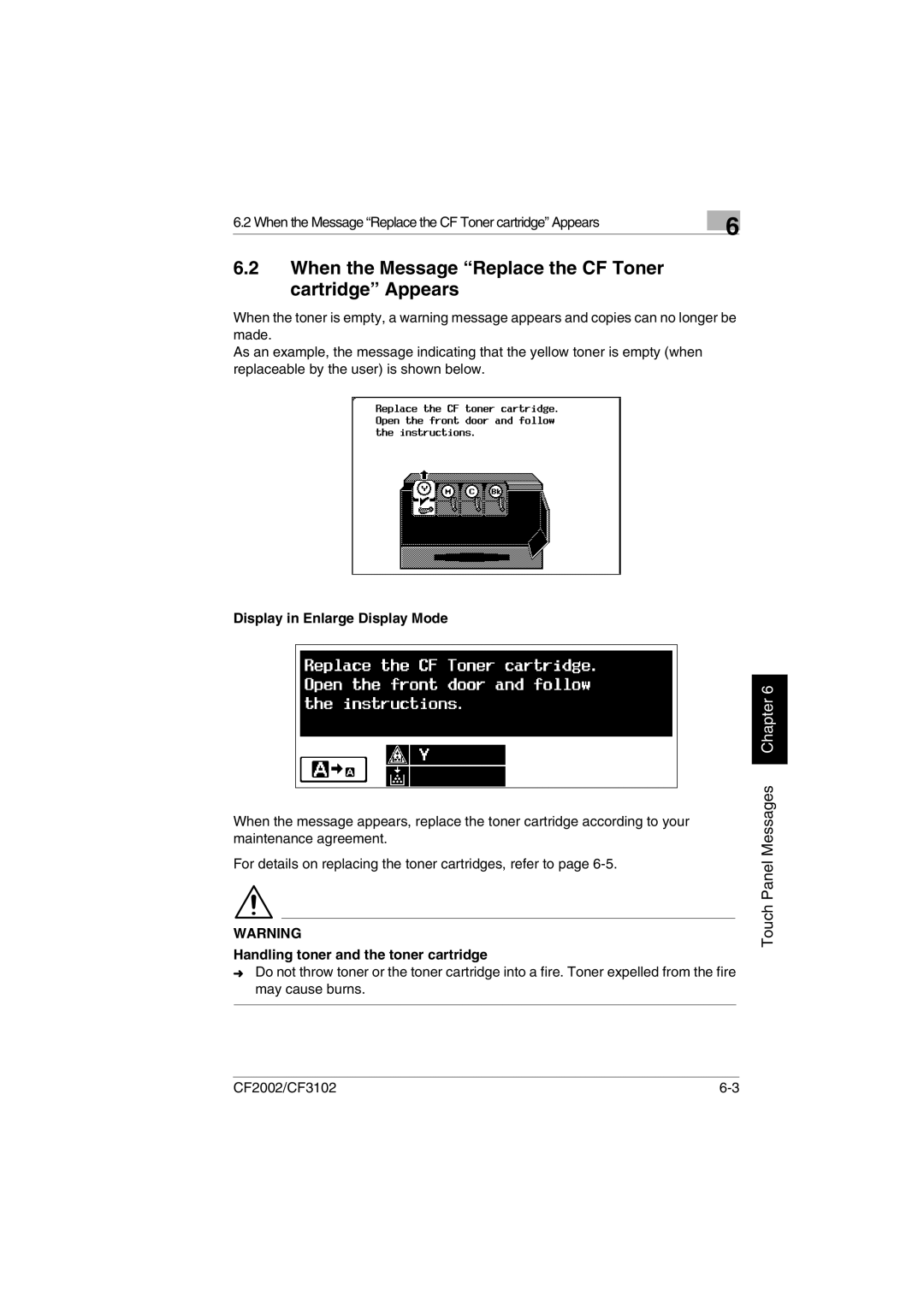 Minolta CF2002 manual When the Message Replace the CF Toner cartridge Appears, Handling toner and the toner cartridge 