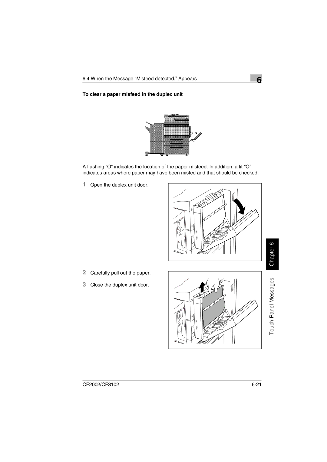 Minolta CF2002 manual Touch Panel Messages, To clear a paper misfeed in the duplex unit 