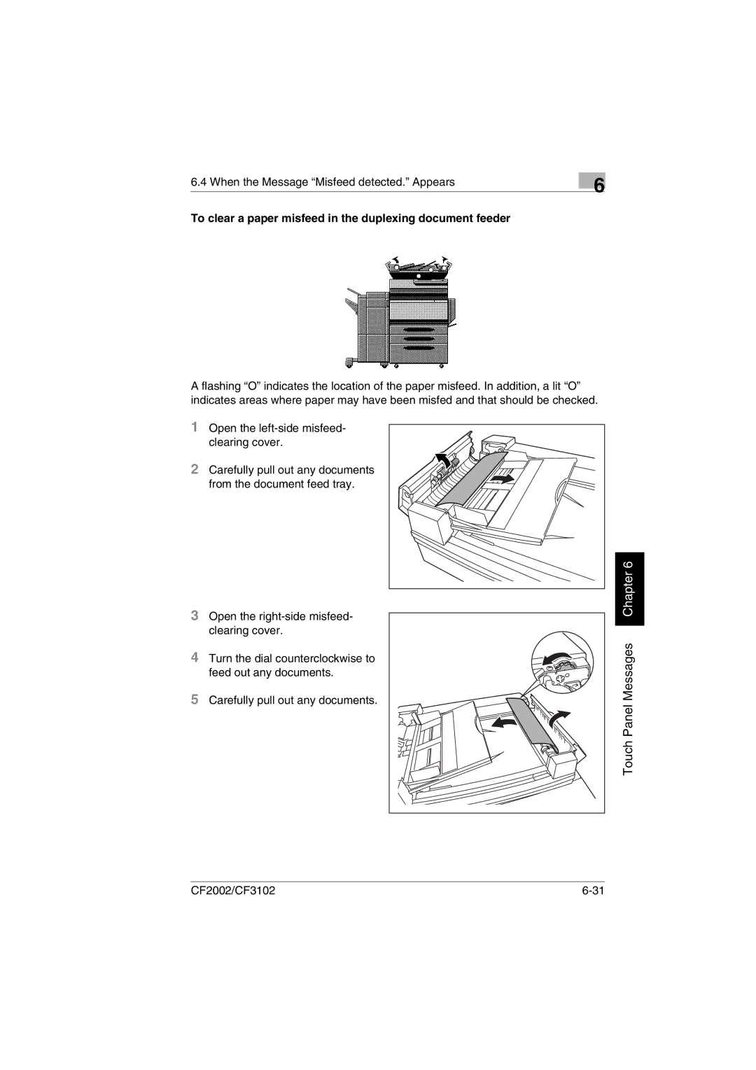 Minolta CF2002 manual To clear a paper misfeed in the duplexing document feeder 