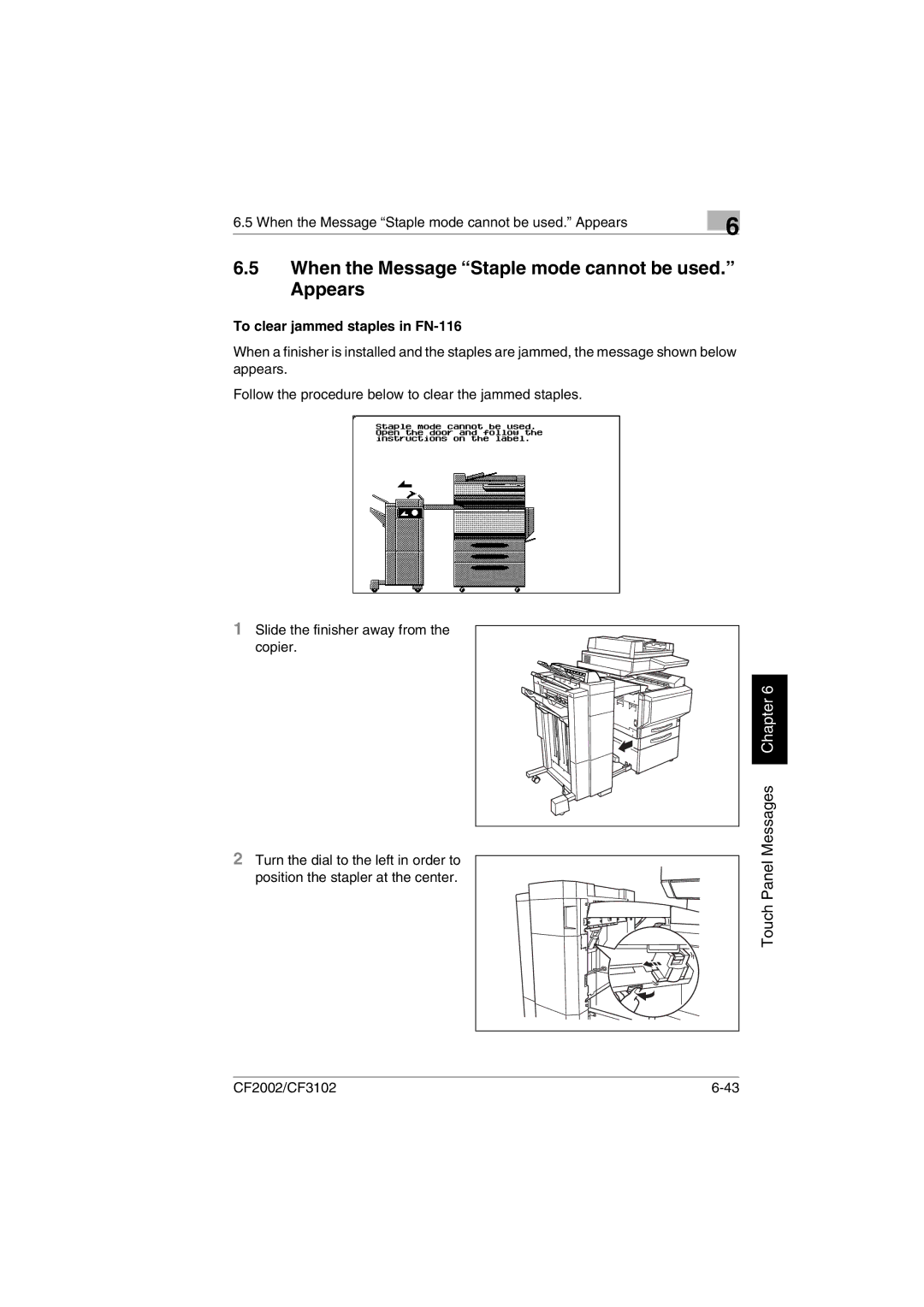 Minolta CF2002 manual When the Message Staple mode cannot be used. Appears, To clear jammed staples in FN-116 