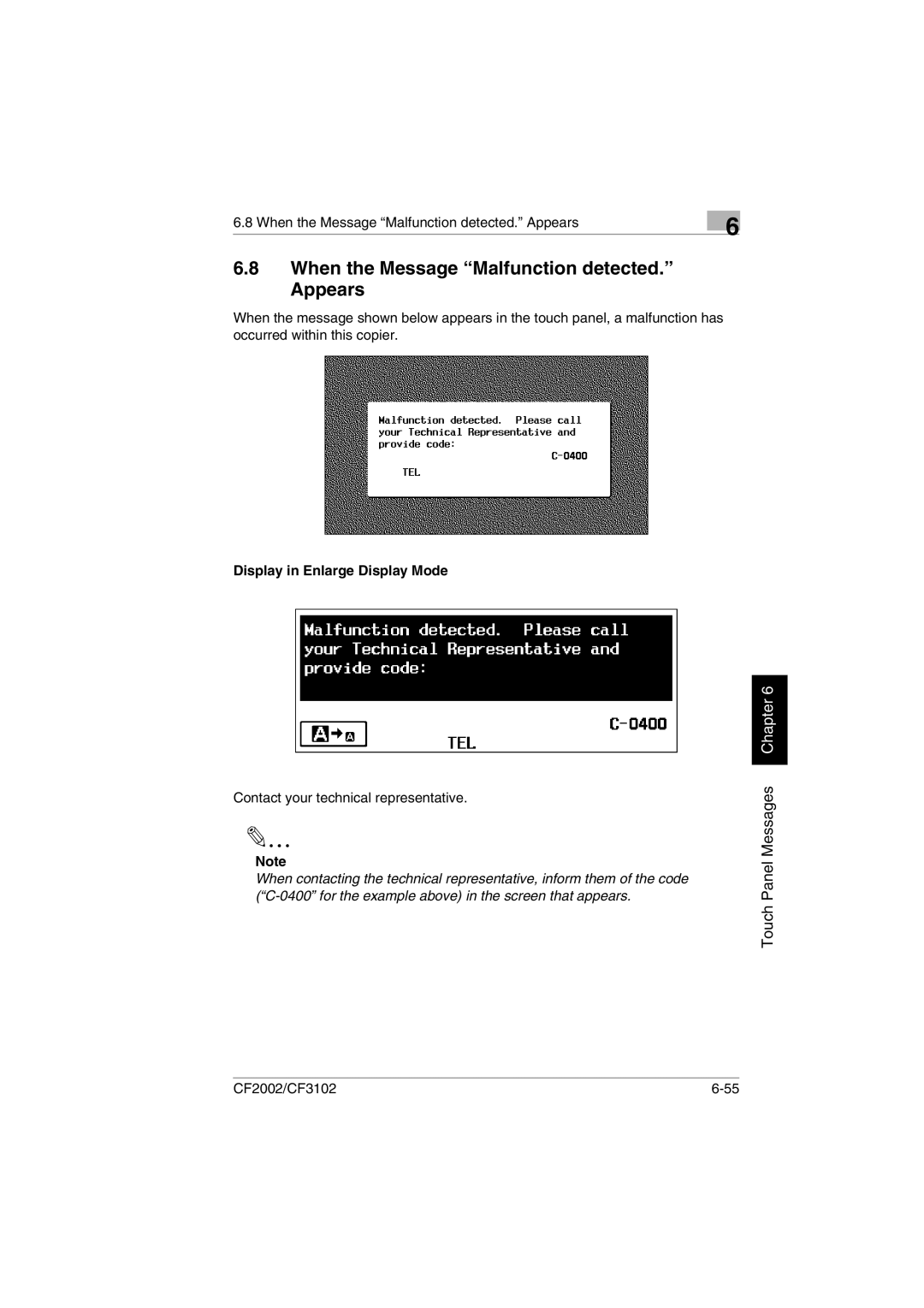 Minolta CF2002 manual When the Message Malfunction detected. Appears 