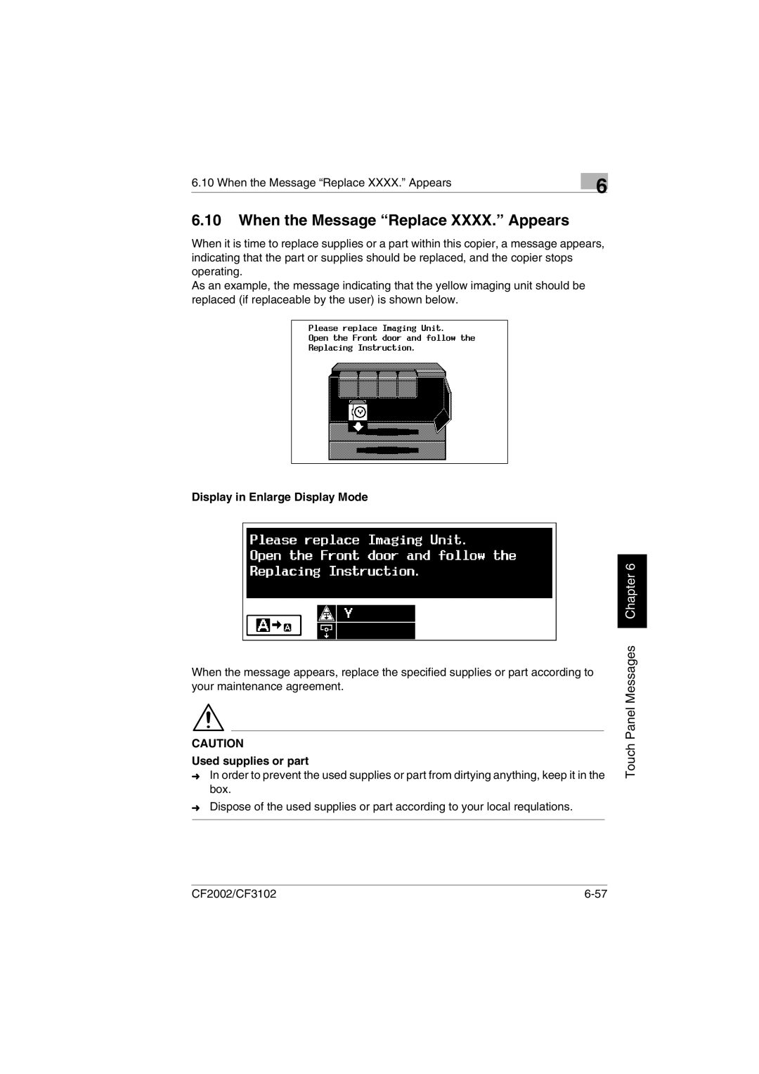 Minolta CF2002 manual When the Message Replace XXXX. Appears, Used supplies or part 