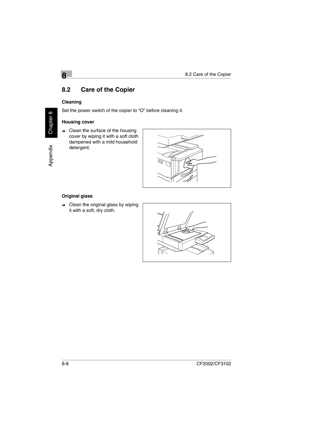 Minolta CF2002 manual Care of the Copier, Cleaning, Housing cover, Original glass 