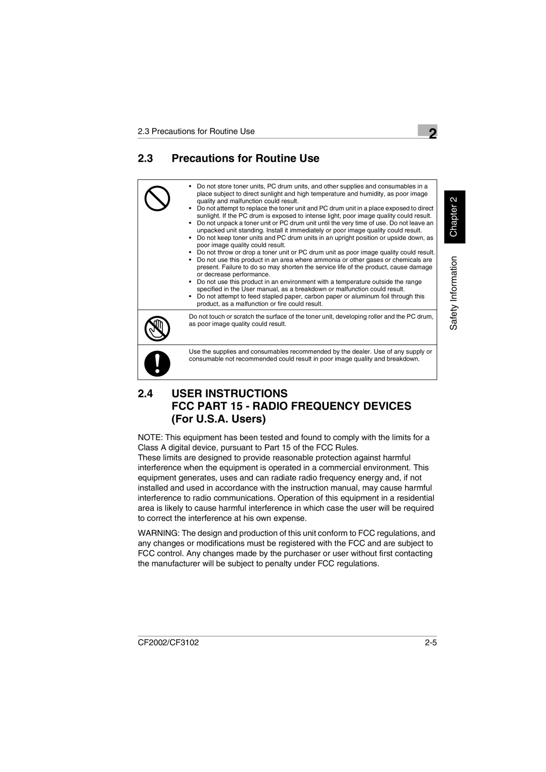 Minolta CF2002 manual Precautions for Routine Use, FCC Part 15 Radio Frequency Devices For U.S.A. Users 