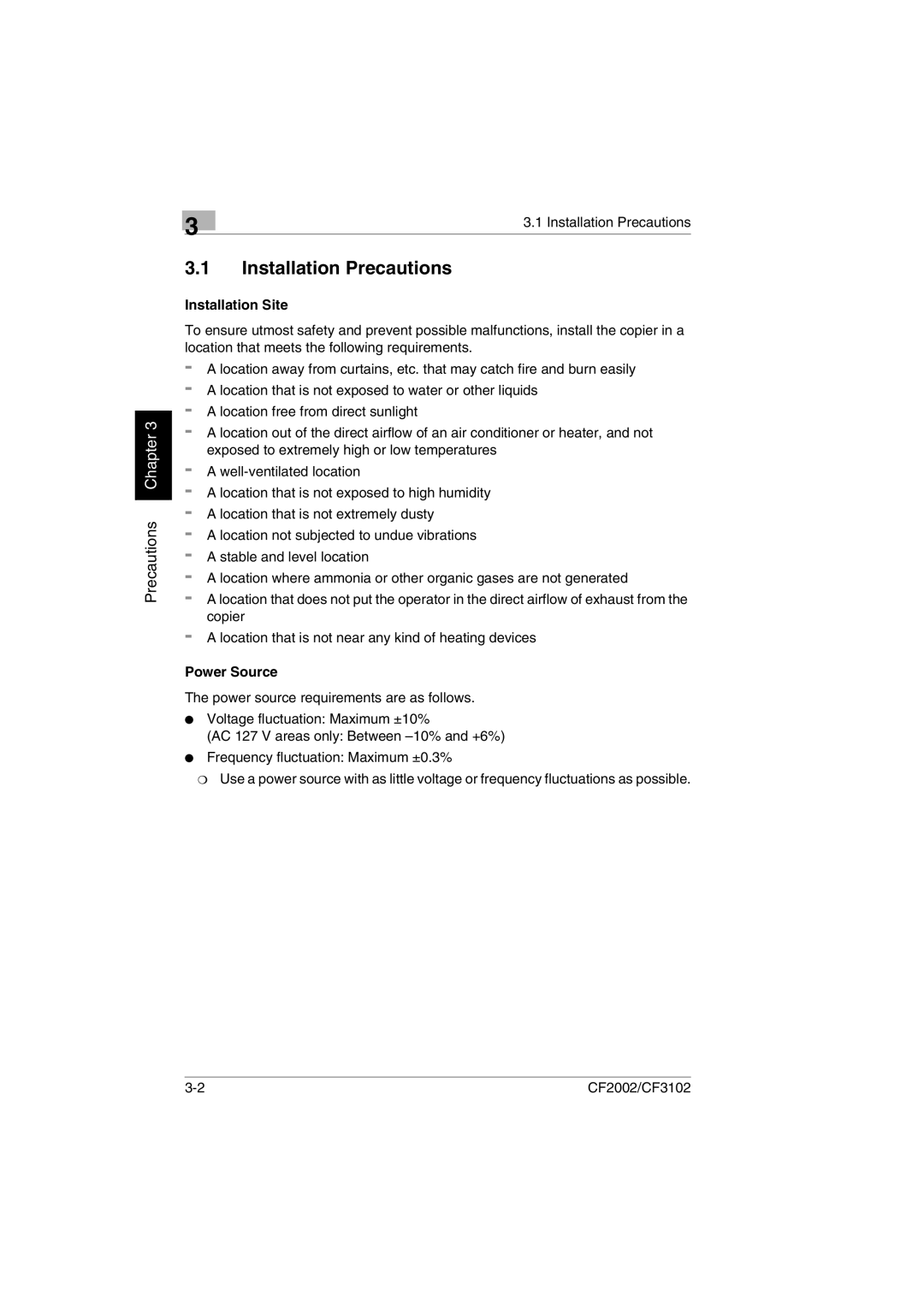 Minolta CF2002 manual Installation Precautions, Installation Site, Power Source 