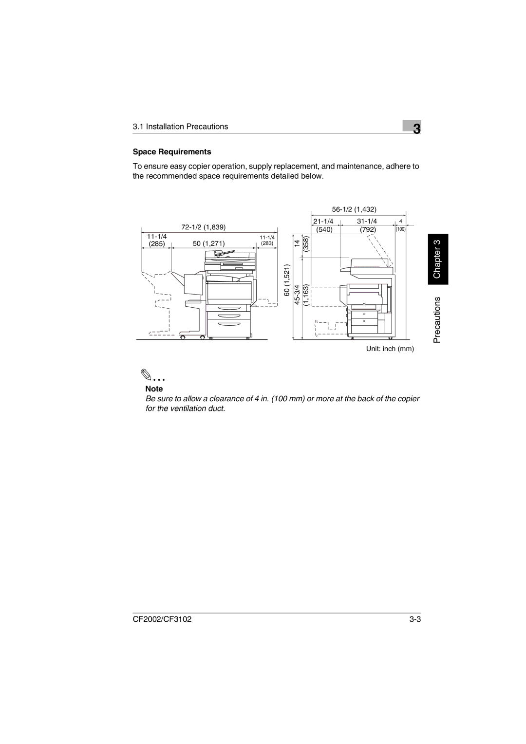 Minolta CF2002 manual Space Requirements 