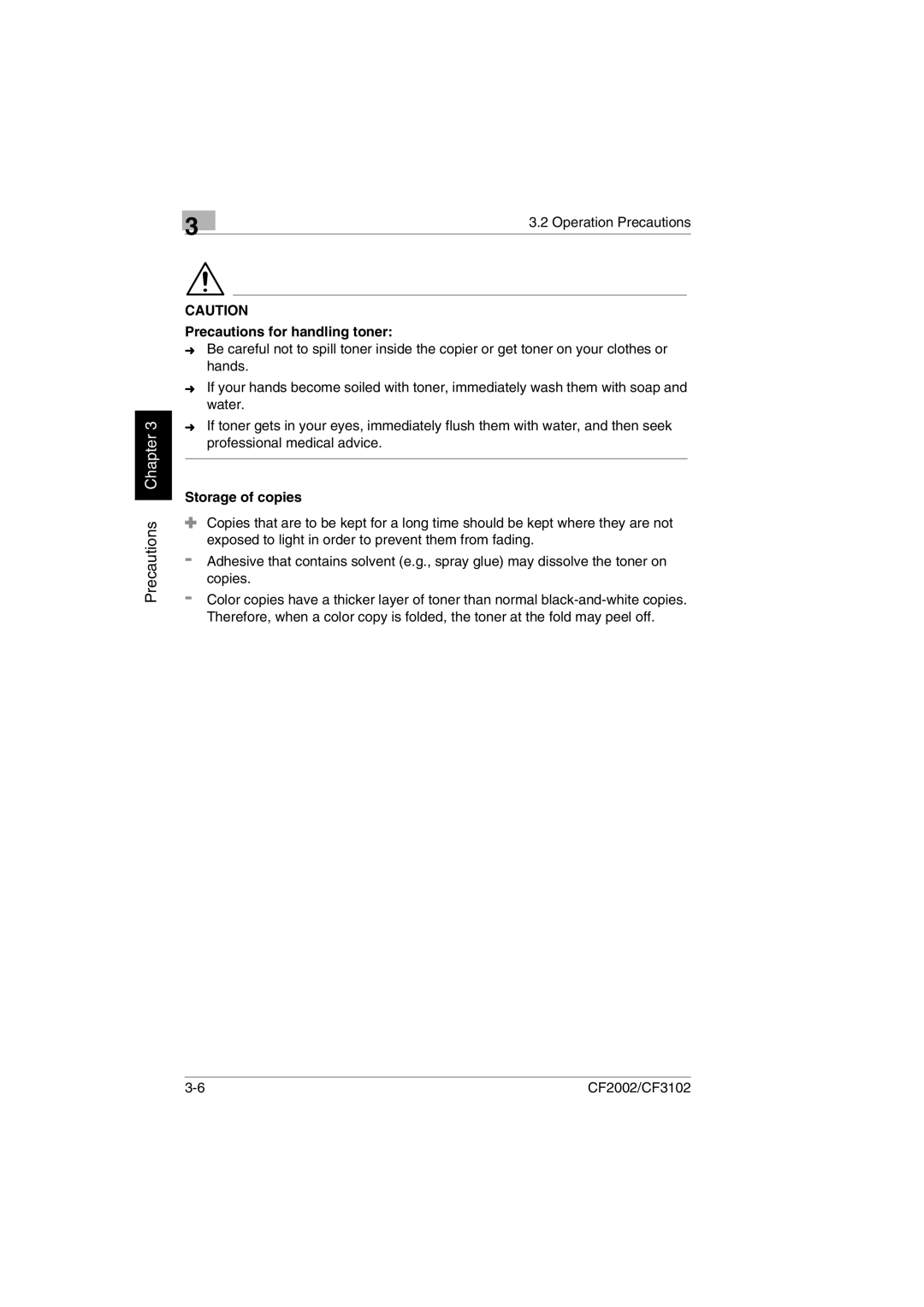 Minolta CF2002 manual Precautions for handling toner, Storage of copies 