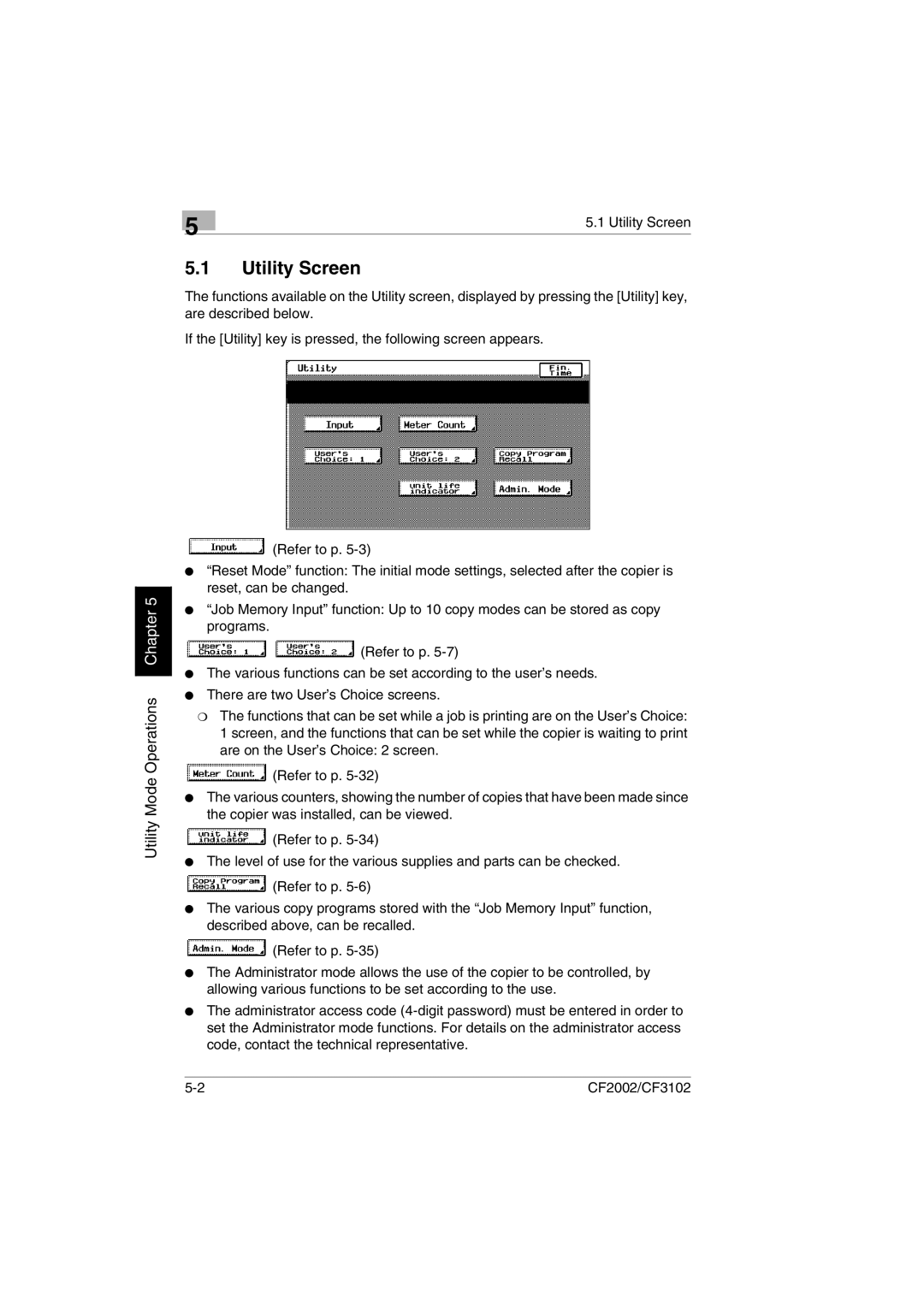 Minolta CF2002 manual Utility Screen, Operations 