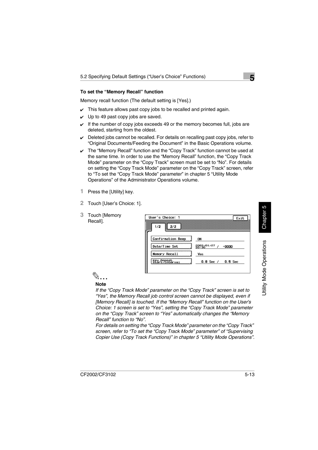 Minolta CF2002 manual To set the Memory Recall function 