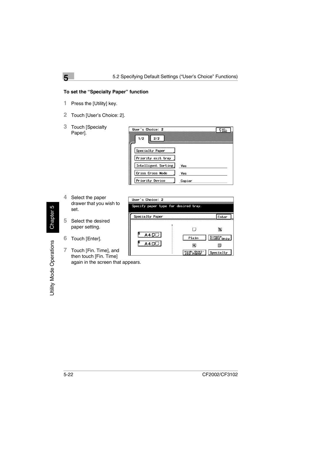 Minolta CF2002 manual To set the Specialty Paper function 