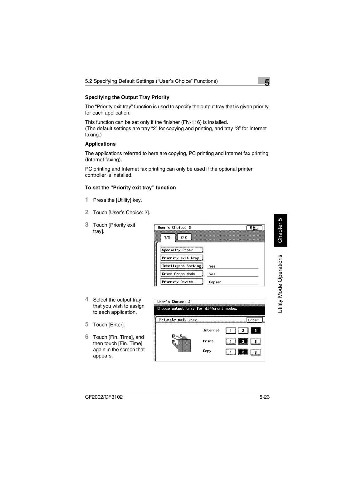 Minolta CF2002 manual Specifying the Output Tray Priority, Applications, To set the Priority exit tray function 