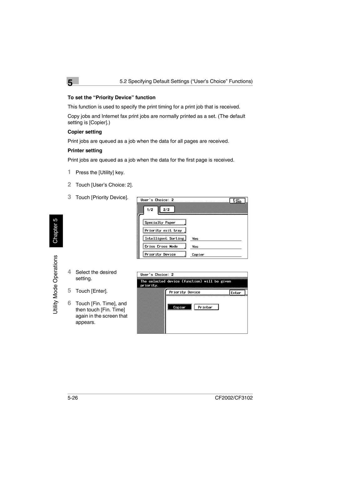 Minolta CF2002 manual To set the Priority Device function, Copier setting, Printer setting 